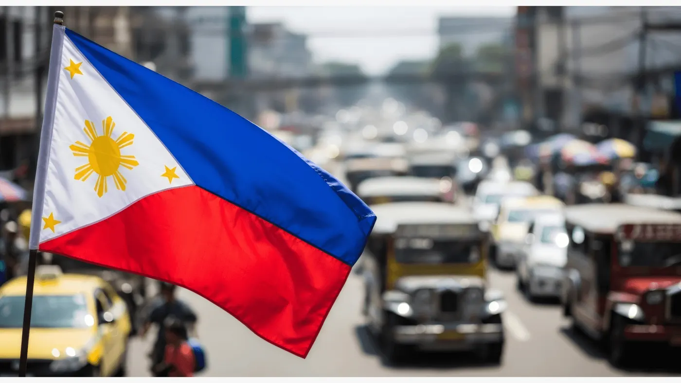 Drapeau des Philippines devant une rue animée de Manille