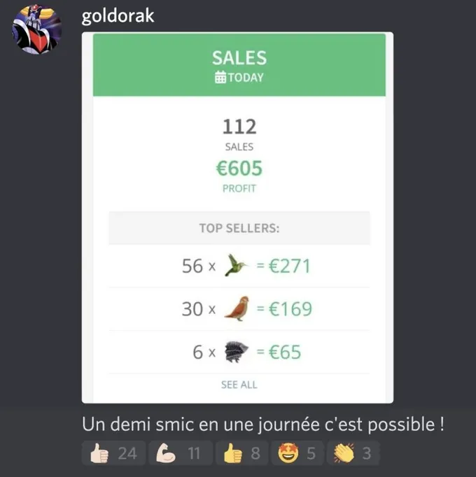 112 ventes et 605 € de bénéfice en une journée