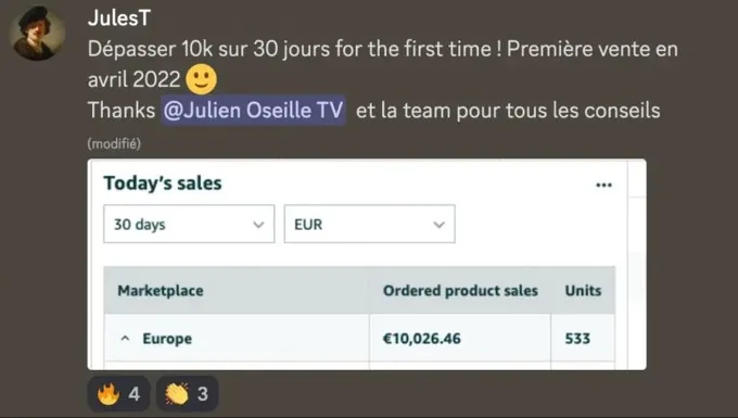 10 026 € de ventes en Europe sur 30 jours