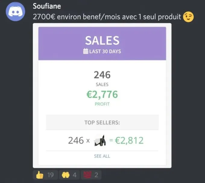 246 ventes et 2 776 € de bénéfice sur 30 jours