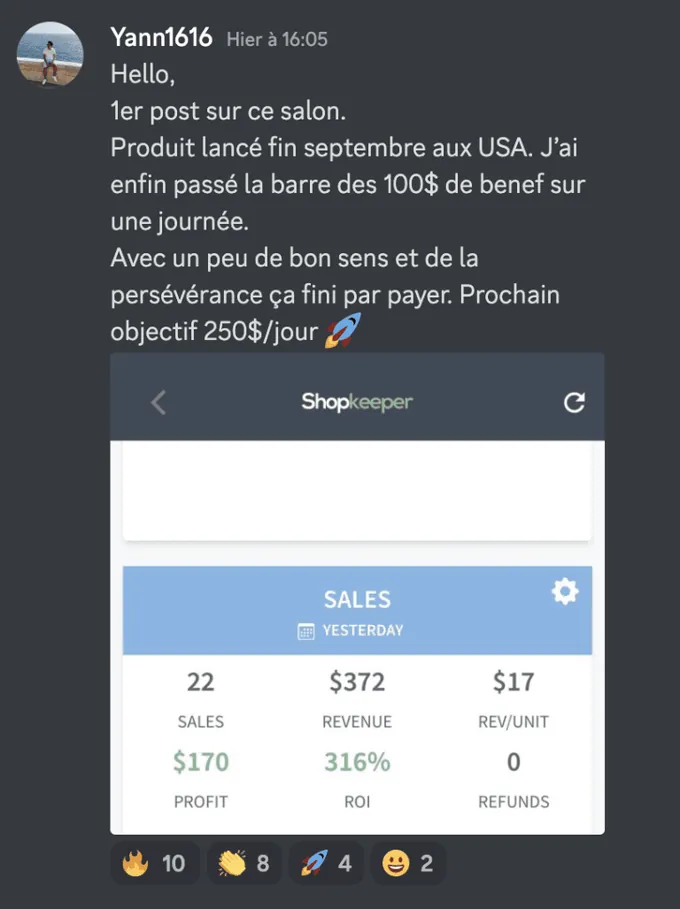 22 ventes, 372 $ de chiffre d'affaires et 170 $ de bénéfice en une journée