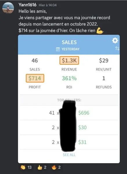 46 ventes, 1 300 $ de chiffre d'affaires et 714 $ de bénéfice en une journée